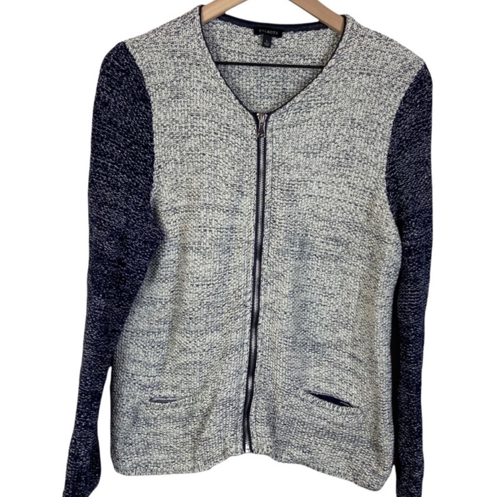 Talbots Gray and Black Tweed Full Zip Sweater Jacket Faux Leather Trim